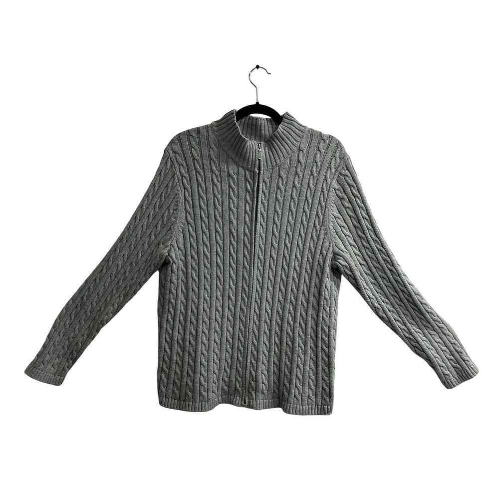 LL Bean Sweater Gray Cable Knit Full Zip Cardigan Mock Neck Womens 2X Preppy